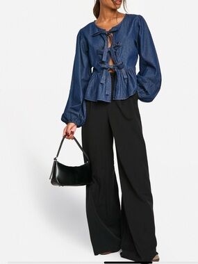 Women’s Denim Tie-Front Peplum Puff Long Sleeve Babydoll Top Blouse Jacket S